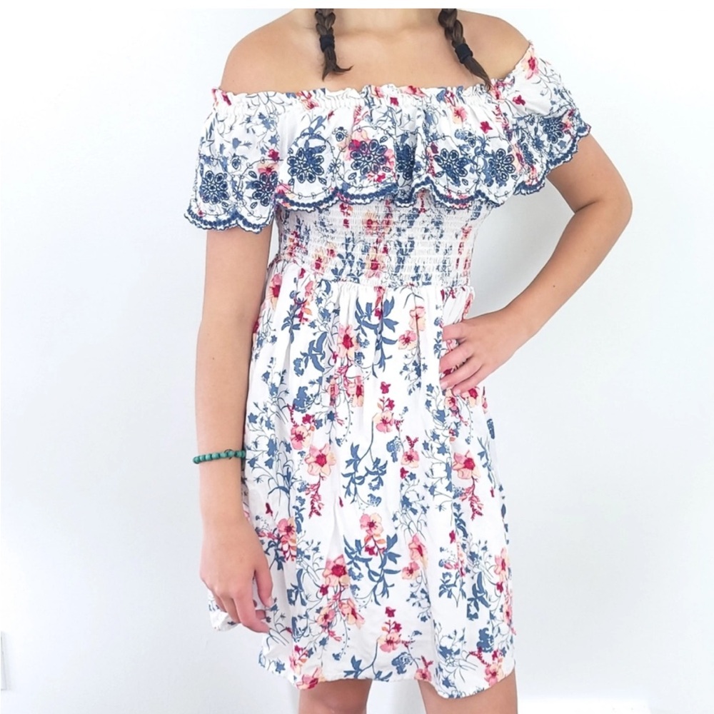 Xhilaration-Floral Off the Shoulder Dress w/pintuck bodice, Cream Multi, Size XL